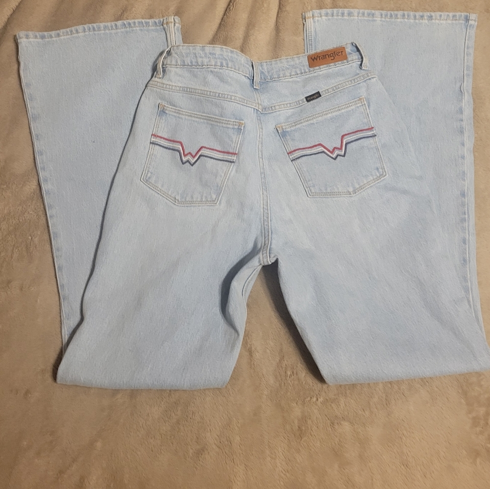 Wrangler Light Blue Flare Jeans with Red & Navy Pocket Stitching